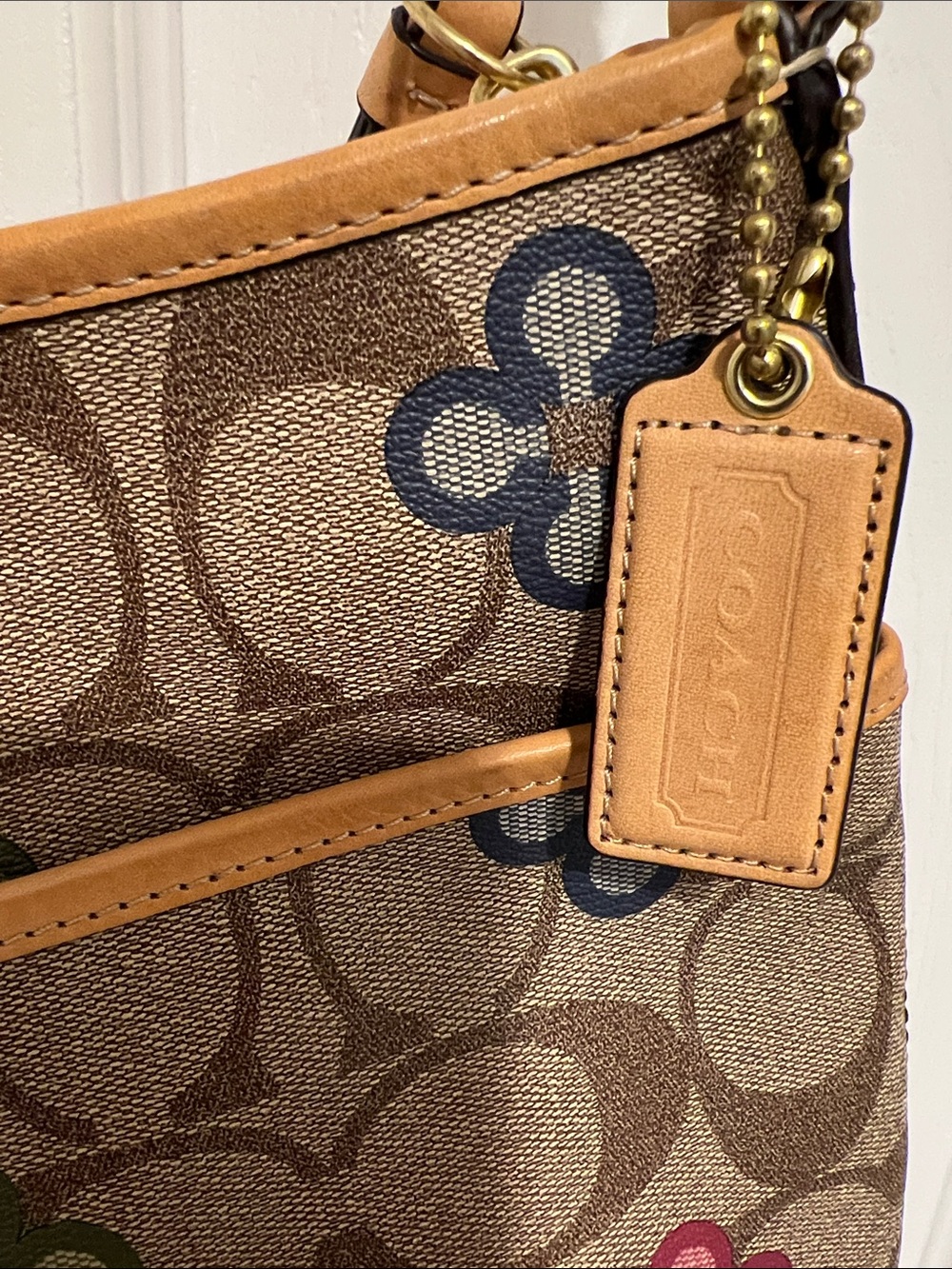 Coach Tan Signature Canvas Shoulder Bag with Multicolor Floral Accents - Picture 5 of 7
